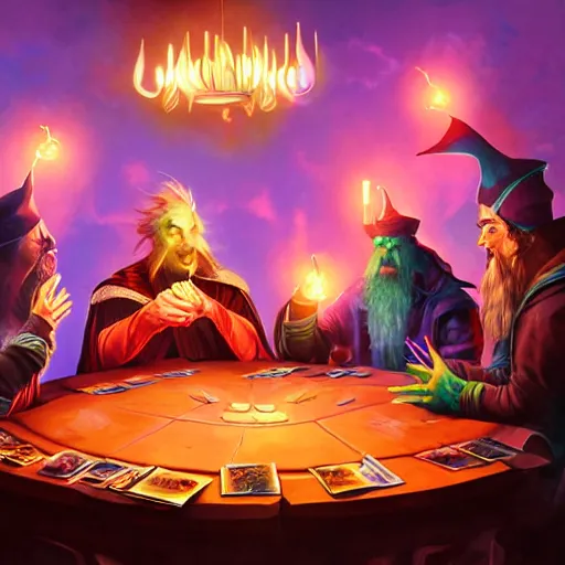 Prompt: 5 wizards around a table playing magic the gathering, with glowing creatures emerging from the cards, vibrant, dramatic, painterly,