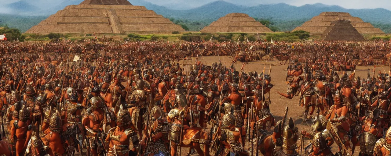 Prompt: moctezuma ii vs hernan cortes army, cinematic scene, single teotihuacan pyramid in the background, war, a ritualistic scene, 8 k, uhd