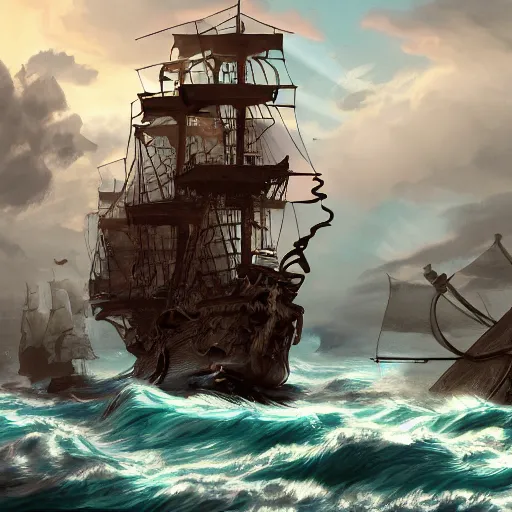 Prompt: pirate ship fighting off kraken sunny skies, trending on artstation, ultra fine detailed, hyper detailed, hd, concept art, digital painting