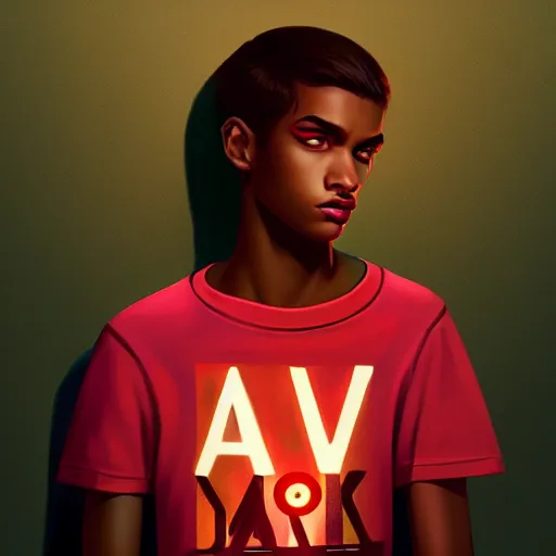 Prompt: colorful and festive captivating teenager with straight short brown hair covering his eye, dark skin, big lips, big eyes, wearing a red t - shirt. rich vivid colors, ambient lighting, dynamic lighting, 4 k, atmospheric lighting, painted, intricate, highly detailed by charlie bowater