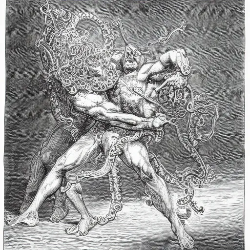 Prompt: a vibrantly colorful low key crosshatched pen illustration of a powerful man wrestling an octopus by gustave dore, colorful polka dots