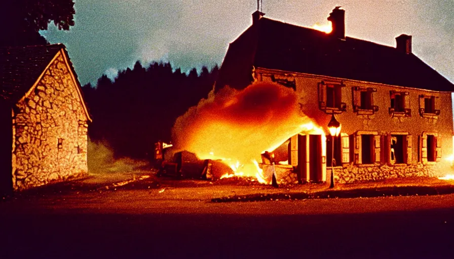 Image similar to 1 9 7 0 s movie still of a burning french style little house in a small northern french village by night in autumn, cinestill 8 0 0 t 3 5 mm, heavy grain, high quality, high detail, dramatic light, anamorphic, flares