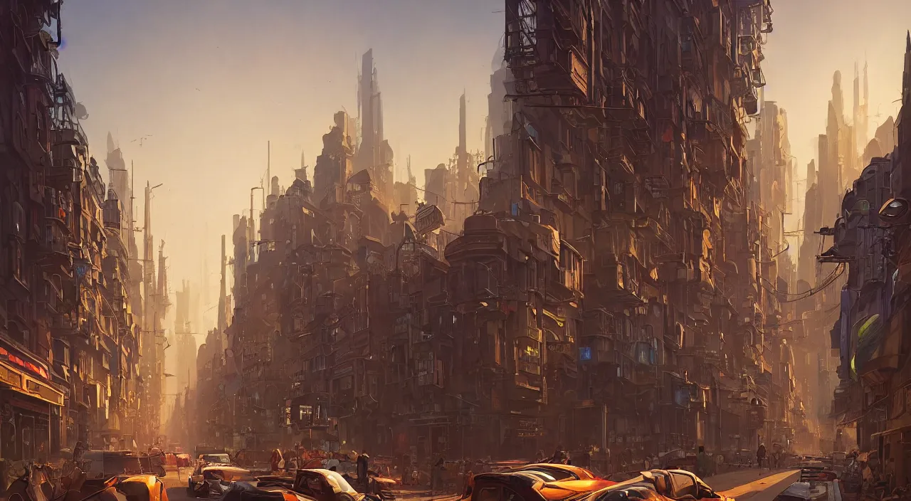 Image similar to a street level painting towards the horizon with high detail, sci - fi colorful victorian megacity at golden hour with sharp shadows by tyler edlin and sparth, wide angle lens, 4 k, vray, art nouveau influences. roger deakins, cinematic cinematography.