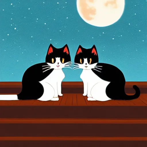 Prompt: two cats curled up with each other on a rooftop under a bright moon light, in the style of ilya kuvshinov