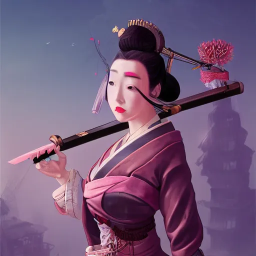Prompt: Steampunk geisha with a katana sword, soft pink lights, historical Japanese city of 1790, zeppelin in the air, hyperdetailed, artstation, cgsociety, 8k