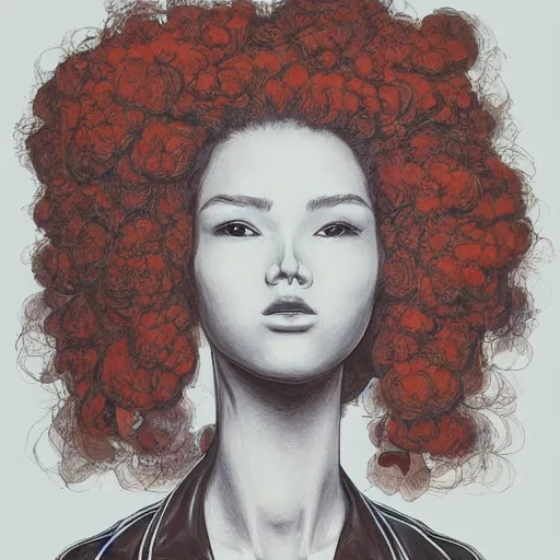 Image similar to james jean artwork of a beautiful girl with an afro and a leather jacket