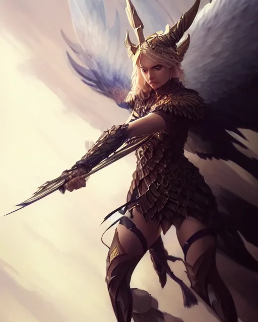 Image similar to 3 / 4 view of a valkyrie, pixie character, genshin impact, fantasy magic, dark light night, intricate, elegant, sharp focus, illustration, highly detailed, concept art, matte, art by wlop and artgerm and greg rutkowski, anime, trending on artstation