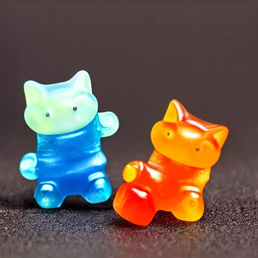 Prompt: gummy cats fight gummy bears with tooth pic swords, highly detailed, studio photo,