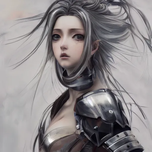 Prompt: Oil portrait with broad brush strokes of an anime girl with long white hair wearing Elden Ring armour with engraving in the style of Yoji Shinkawa, expressive brush strokes, hairs fluttering on the wing, noisy film grain effect, highly detailed, Renaissance oil painting, weird portrait angle, blurred lost edges, three quarter view