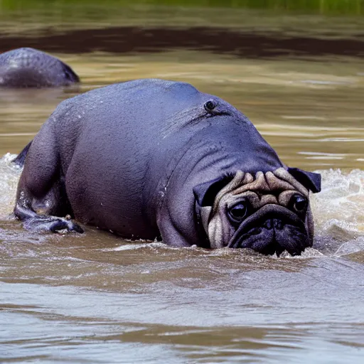 Prompt: pug hippo swimming splashing in a river in the savanna