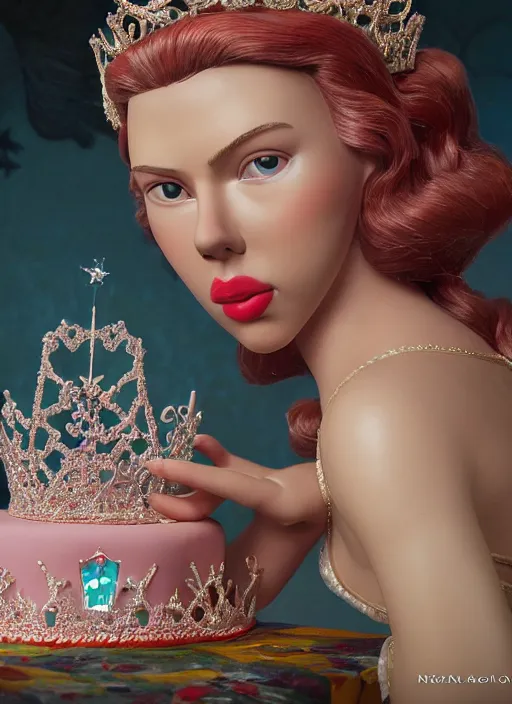 Image similar to closeup face profile portrait of tin toy scarlett johansson as a fairytale princess wearing a crown eating cakes, bikini, depth of field, zeiss lens, detailed, symmetrical, centered, fashion photoshoot, by nicoletta ceccoli, mark ryden, lostfish, breathtaking, 8 k resolution, extremely detailed, beautiful, establishing shot, artistic, hyperrealistic, octane render