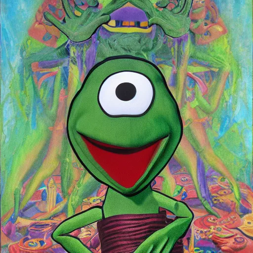 Prompt: kermit the frog as a holy sacred god enlightened on acid in the labyrinth woods as a masterpiece painting by john chamberlain and judy chicago, trending on art station