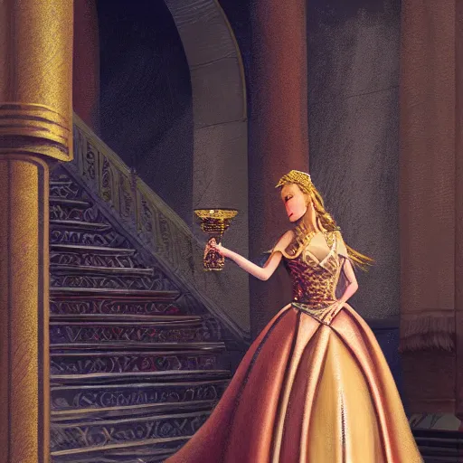 Image similar to Princess at a royal banquet, elegant dress, intricate, matte, digital painting, 8K, warm lighting, large staircase, royalty, high detail, medieval-fantasy, concept art, realistic, cinematic