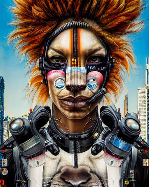 Prompt: a portrait of an anthropomorphic cyberpunk lioness by sandra chevrier, by jon foster, detailed render, tape deck, epic composition, cybernetics, 4 k realistic, cryengine, realistic shaded lighting, sharp focus, masterpiece, by enki bilal