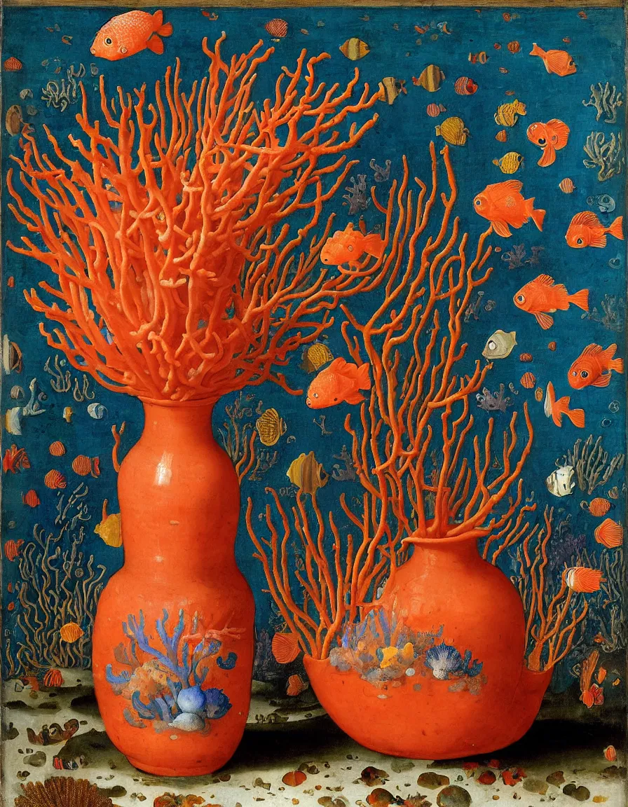 Prompt: bottle vase of coral under the sea decorated with a dense field of stylized scrolls that have opaque outlines enclosing mottled blue washes, with orange shells and purple fishes, ambrosius bosschaert the elder, oil on canvas, around the edges there are no objects