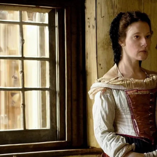 Image similar to scene from a 2 0 1 0 film set in 1 6 5 0 showing a woman standing next to a window