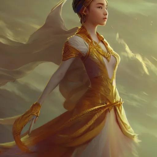 Image similar to princess yuna, posing heroically, heavenly, full body close-up shot, elegant, realistic character concept, high fantasy, light atmosphere, golden ratio, cinematic lighting, hyperdetailed, high resolution, insanely detailed and intricate, artstation, Marc Simonetti, Greg Rutkowski, octane render, 8k