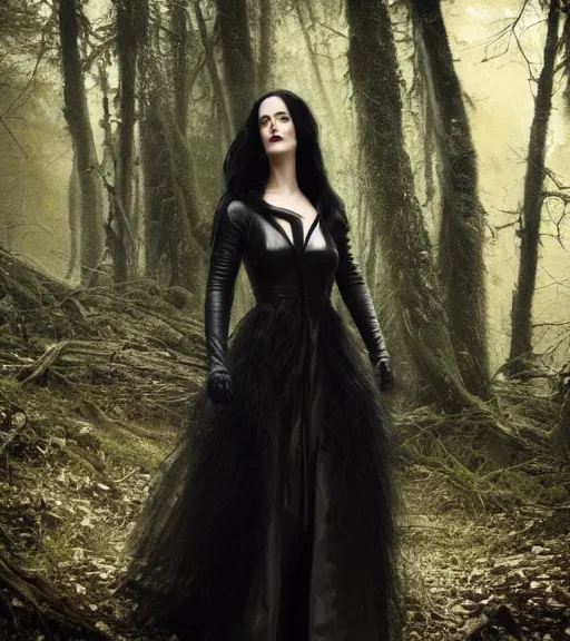 Image similar to 5 5 mm close up portrait photo of eva green as yennefer of vengerberg in black leather armor and long black fluff hair, in a forest. magical atmosphere. art by greg rutkowski. lifelike. very detailed 8 k. intricate. soft light. nikon d 8 5 0.