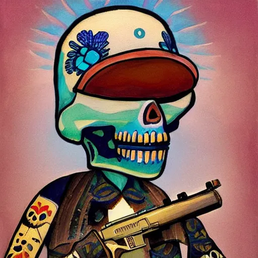 Image similar to very detailed and perfectly readable fine and soft relevant out of lines soft edges painting, manny calavera sitting with a rifle, in a cabin, on a lake, sunrise, grim fandango style,