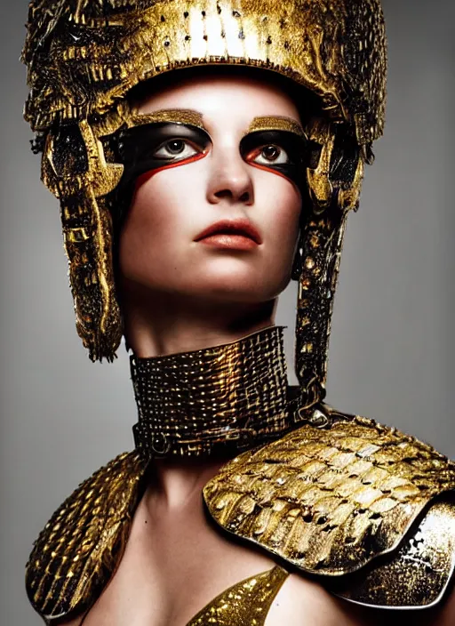 Prompt: close - up portrait of beautiful young woman dressed gladiator with metallic armor, art by steven meisel