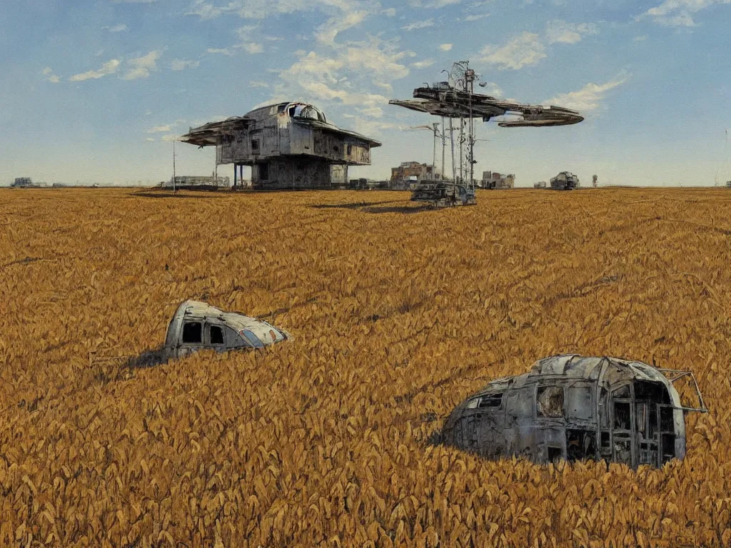 Image similar to A fantastic painting of a dilapidated post-modern building on a wheat field with an abandoned spaceship parked on the roof of the building, by Robert McCall, Trending on artstation, very detailed