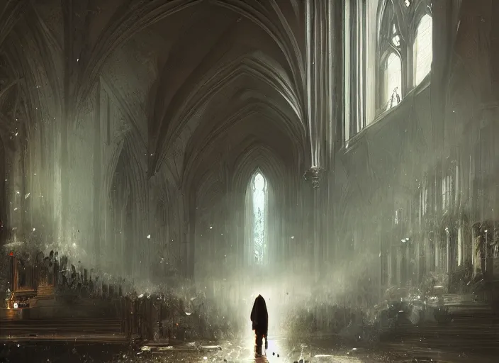 Prompt: praying people, tears, letters fly around, destroyed world volumetric lighting, digital painting, highly detailed, artstation, sharp focus, illustration, concept art, ruan jia, steve mccurry, amazing composition, gothic arch frame