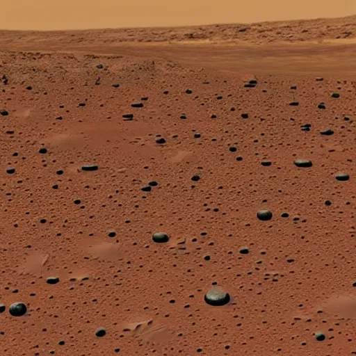 Image similar to still image of surface of Mars with ufo landing and aliens walking