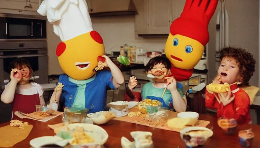 Image similar to 1 9 9 0 s candid 3 5 mm photo of a beautiful day in the family kitchen, cinematic lighting, cinematic look, golden hour, an absurd costumed mascot from the strange food giant face space club show is forcing the children to eat cereal, children are eating way too much cereal, kids are sad, uhd