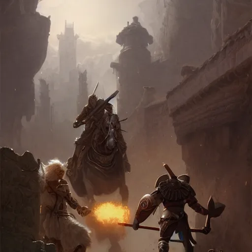 Image similar to a paladin, a rogue and a druid fighting against a giant goat, medieval streets, d & d, fantasy, highly detailed, digital painting, artstation, concept art, character art, art by greg rutkowski and tyler jacobson and alphonse mucha