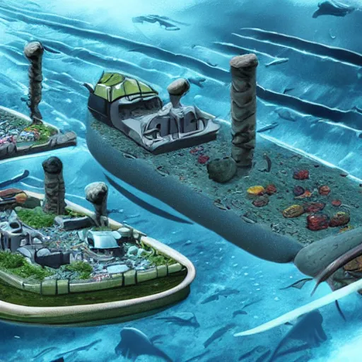 Image similar to an underwater city with submarine transporting people