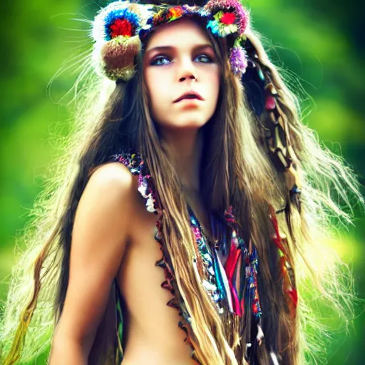 Image similar to a realistic detailed photo of a beautiful hippie girl