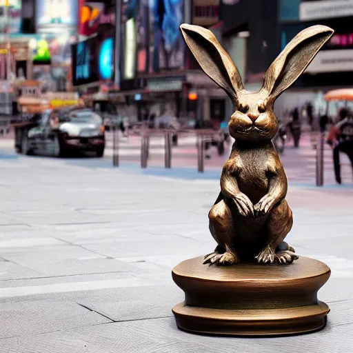 Image similar to a realistic bronze sculpture of a very scary bunny with sharp teeth made by michelangelo, standing in times square, 3 d render, hyper detailed, sharp focus, 8 k resolution