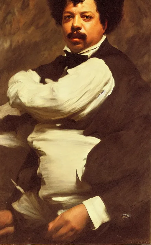 Image similar to Portrait of Alexandre Dumas, oil on canvas, highly detailed, high contrast, by Franz Xaver Winterhalter, Henry Ossawa Tanner, 8k
