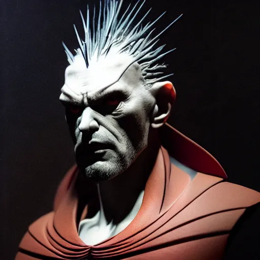 Prompt: studio portrait of mr sinister by rembrandt, prometheus movie still frame of vampiric mr sinister, mcu nathaniel essex mr sinister by wayne barlowe by caravaggio, 3 d fantasy character sculpture by beksinski, editorial dress of futuristic collection by alexander mcqueen and guo pei