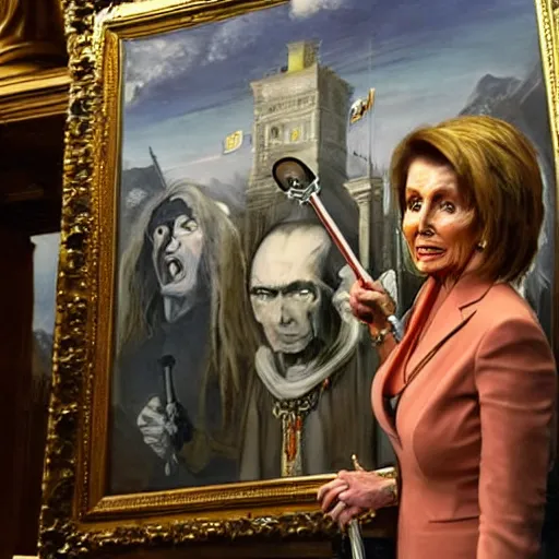 Image similar to nancy pelosi standing in front of 1 6 th century backdrop replacing vigo the carpathian, scourge of moldavia. she ominously stares. painting by lou police for ghostbusters 2.