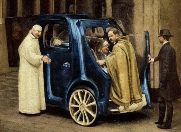 Image similar to A bishop getting out of a Suzuki Alto, victorian era painting