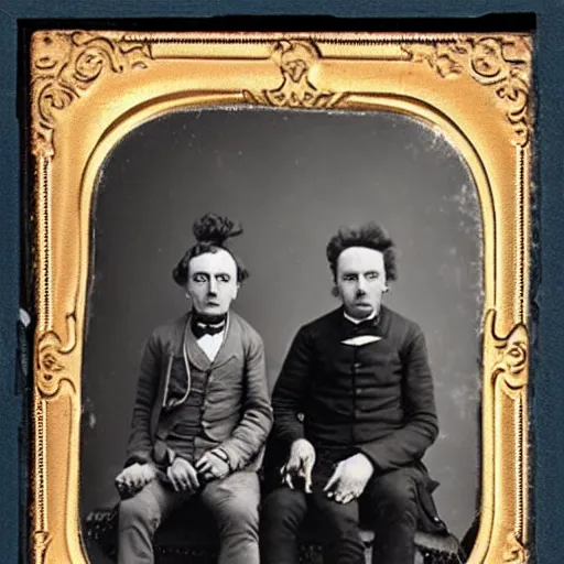 Image similar to tintype photo of rick and morty. 1 8 8 0 s