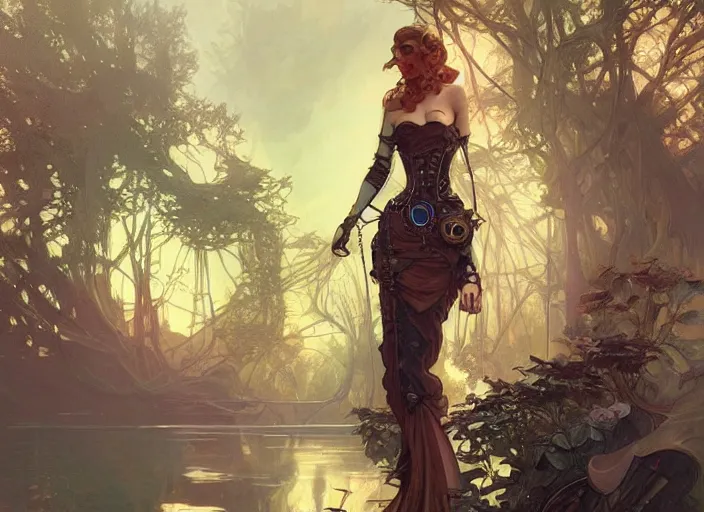 Image similar to woman model, steampunk!!! and modern, rgb, lake with trees!!, backlit, elegant, highly detailed, digital painting, artstation, concept art, smooth, sharp focus, illustration, art by krenz cushart and artem demura and alphonse mucha