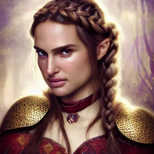 Prompt: head and shoulders portrait of a female knight, young natalie portman, elf, golden etched armor, lord of the rings, celtic hair braid, eldritch ruby amulet, by artgerm, alphonse mucha, face detail, sharp focus, high key lighting, vogue fashion photo