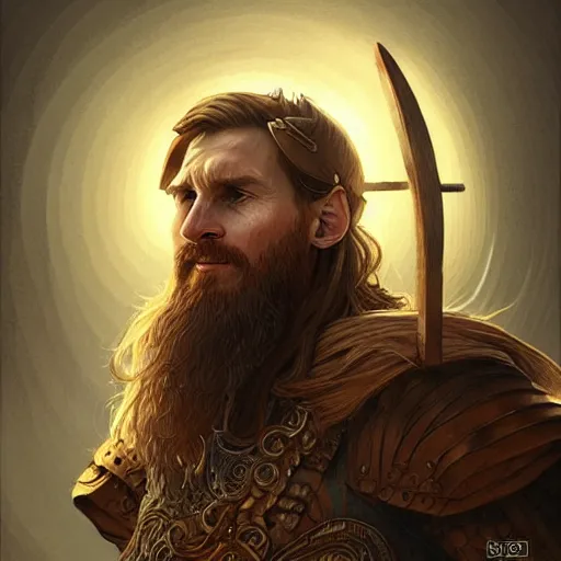 Image similar to Messi as a viking, D&D, fantasy, intricate, elegant, highly detailed, digital painting, artstation, concept art, matte, sharp focus, illustration, art by Artgerm and Greg Rutkowski and Alphonse Mucha