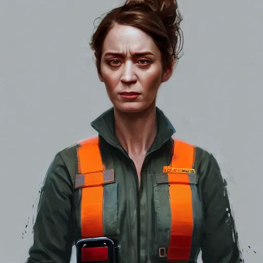 Prompt: portrait of a woman by greg rutkowski, emily blunt as an engineer, she is about 4 0 years old, wearing a utilitarian jumpsuit, highly detailed portrait, digital painting, artstation, concept art, smooth, sharp foccus ilustration, artstation hq