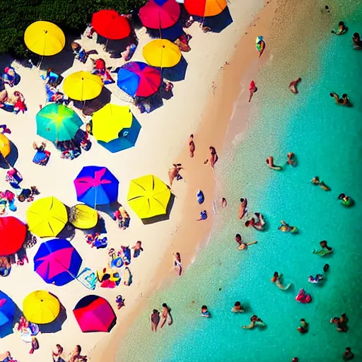 Image similar to photograph beachscapes from an almost perpendicular angle, Aerial view of sandy beach with umbrellas and sea, Aerial of a crowded sandy beach with colourful umbrellas, sun bathers and swimmers during summer, by Tommy Clarke