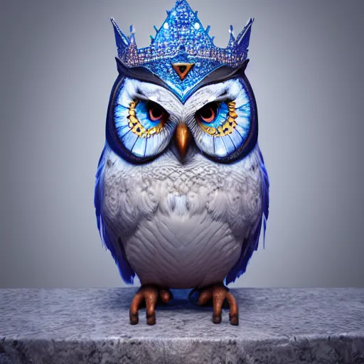 Prompt: magical owl, charactor, big blue eyes, with a diamond crown on his head, hyper detailed, stylistic, symmetrical, 3 d render, photorealitic, 8 k, octane render