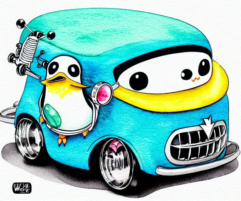 Image similar to cute and funny, penguin riding in a tiny hot rod with an oversized engine, ratfink style by ed roth, centered award winning watercolor pen illustration, isometric illustration by chihiro iwasaki, edited by range murata, tiny details by artgerm and watercolor girl, symmetrically isometrically centered, sharply focused