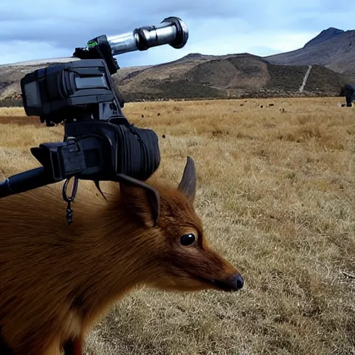 Prompt: Chilean pudu riding a mech while shooting missiles