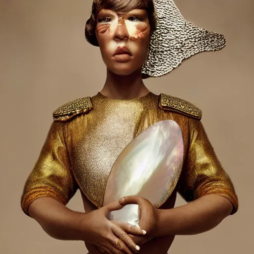 Image similar to medium shot of a brown - skinned woman wearing an armor made of shimmering and colorful mother of pearl shells. coherent face. soft. fragile. by ray caesar. by louise dahl - wolfe. by anna claren. surreal photography