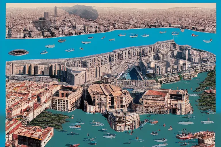 Image similar to touristic brochure to visit a catastrophic barcelona, buildings covered with high water, floating cars, catchy graphic design, photo real