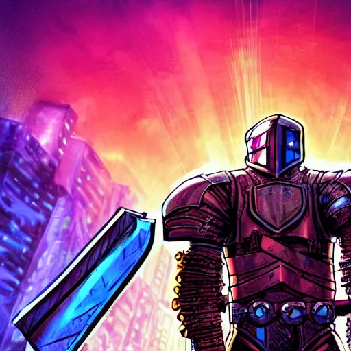 Image similar to a cyberpunk knight in heavy armor holding a large sword in a cyberpunk setting, comic book art, cyberpunk, art by stan lee,, colorful, bright high tech lights, dark, moody, dramatic, 8 0 s vibe, neon lines marvel comics, dc comics