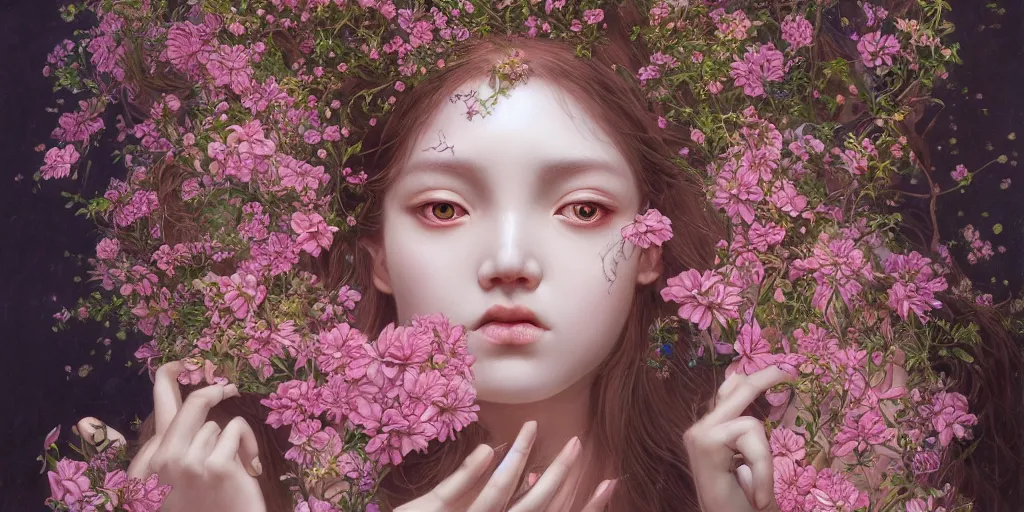 Image similar to breathtaking detailed weird concept art painting of the goddess of light pink flowers, orthodox saint, with anxious, piercing eyes, ornate background, amalgamation of leaves and flowers, by Hsiao-Ron Cheng, Miho Hirano, extremely moody lighting, 8K