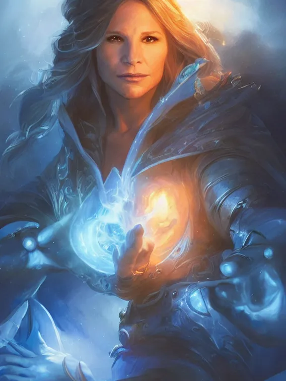 Image similar to Kristin Bell casting a lighting spell, blue lighting, D&D, fantasy, highly detailed, digital painting, trending on artstation, concept art, sharp focus, illustration, art by artgerm and greg rutkowski and magali villeneuve